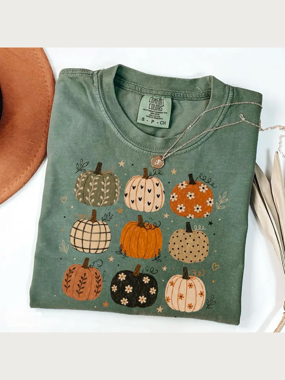Autumn Patterned Pumpkins Olive Green Comfort Colors T-Shirt